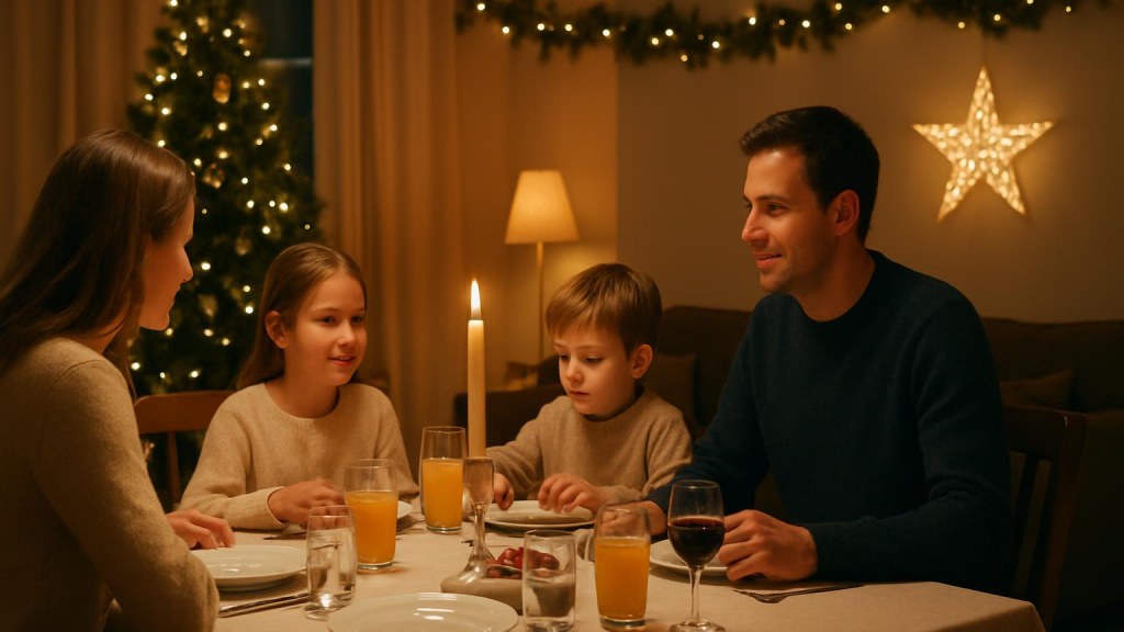 Famiglia con bambini in ambiente accogliente per Capodanno